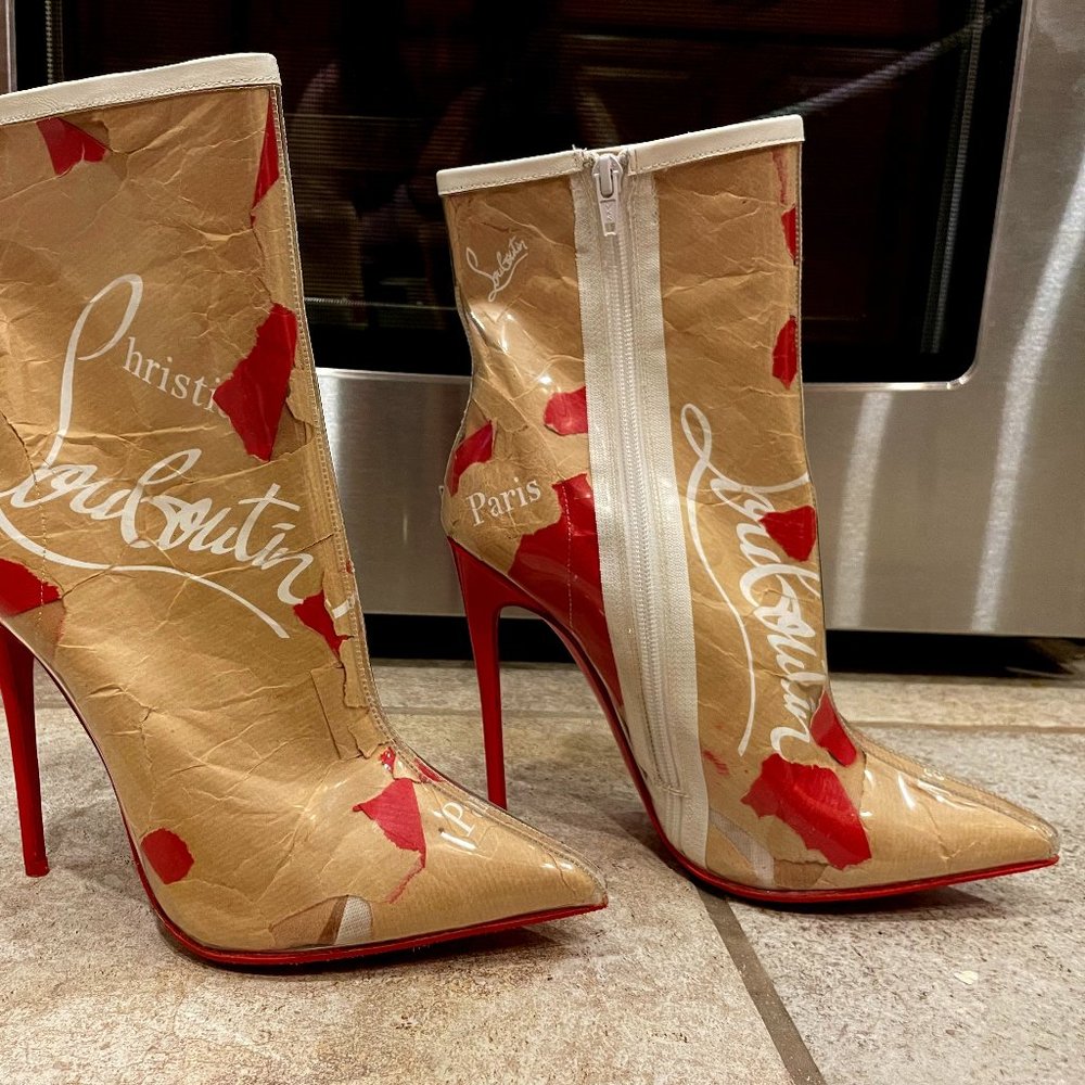 Christian Louboutin Loubi Kraft PVC Paper Heels Ankle Boots Booties Size 41